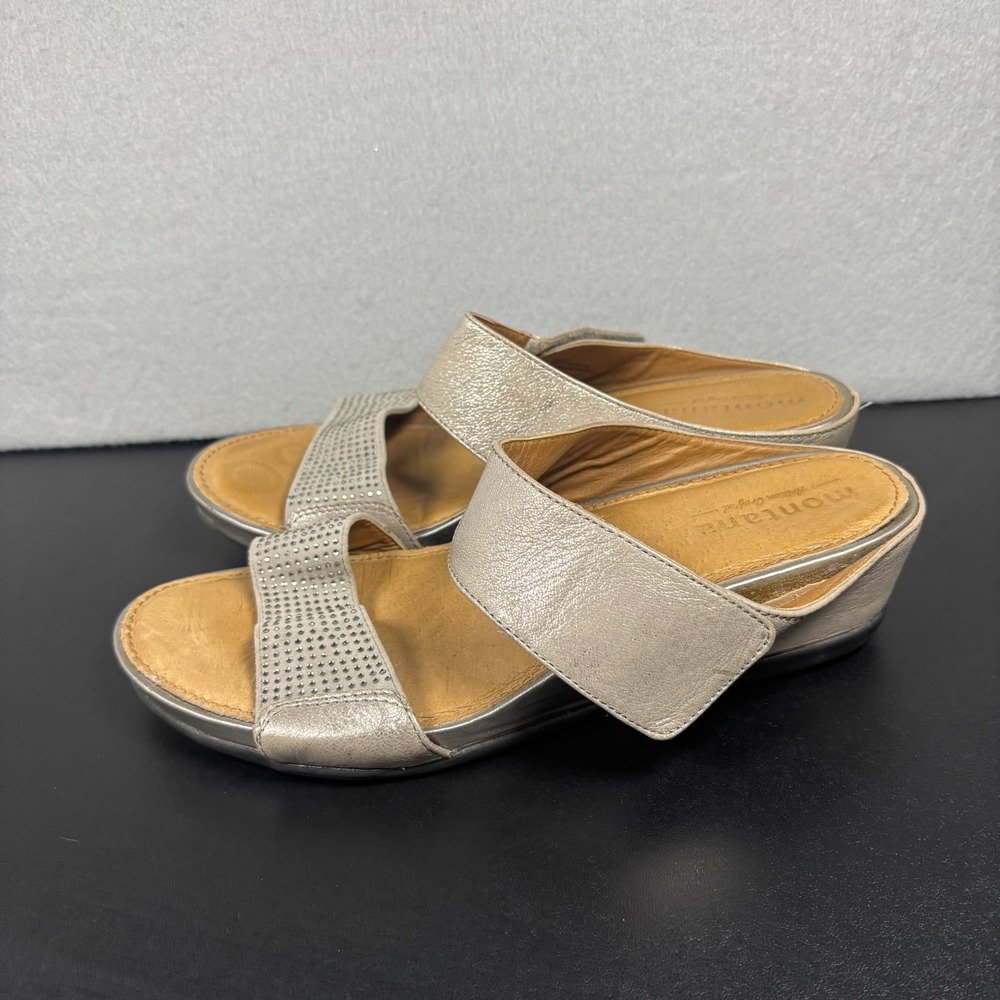 Montana Artisan Silver Tone Leather Embellished Slip On Wedge Sandals Size 10M